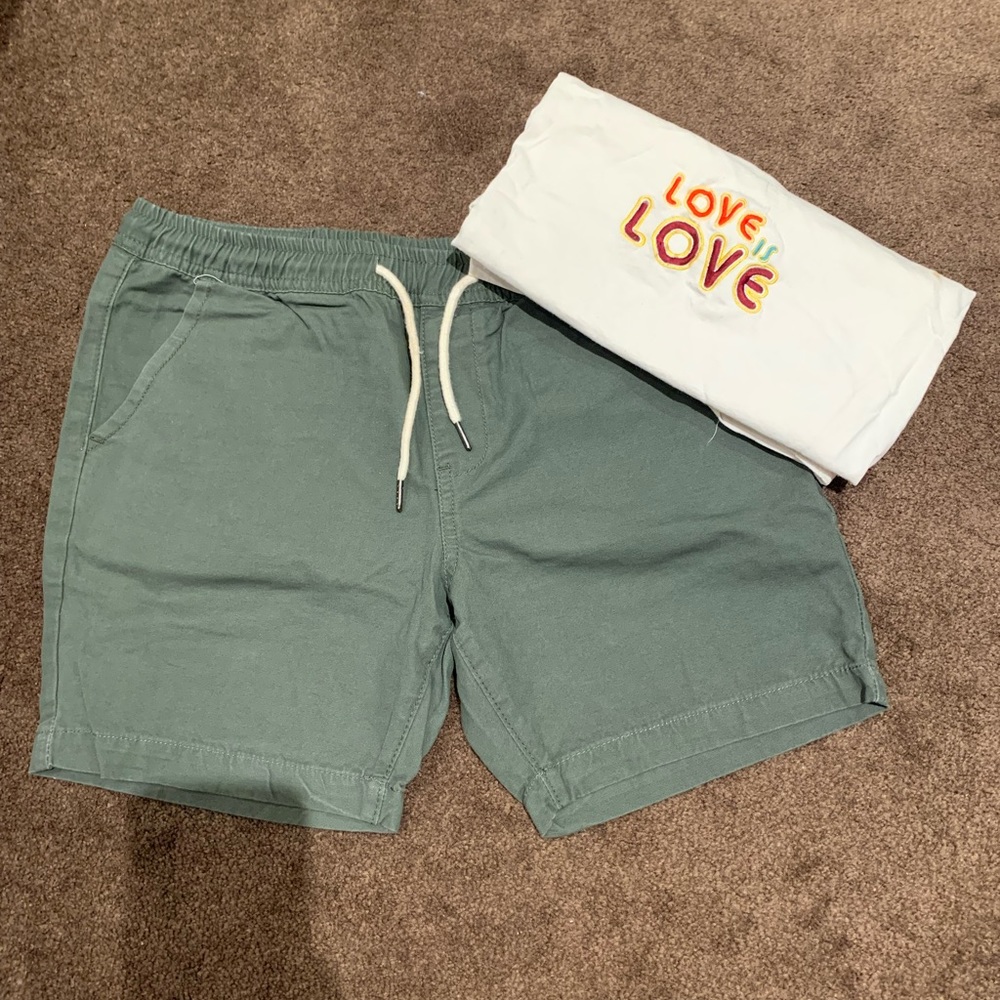 Boohoo Men's Flat Front Drawstring Shorts in Sage Green